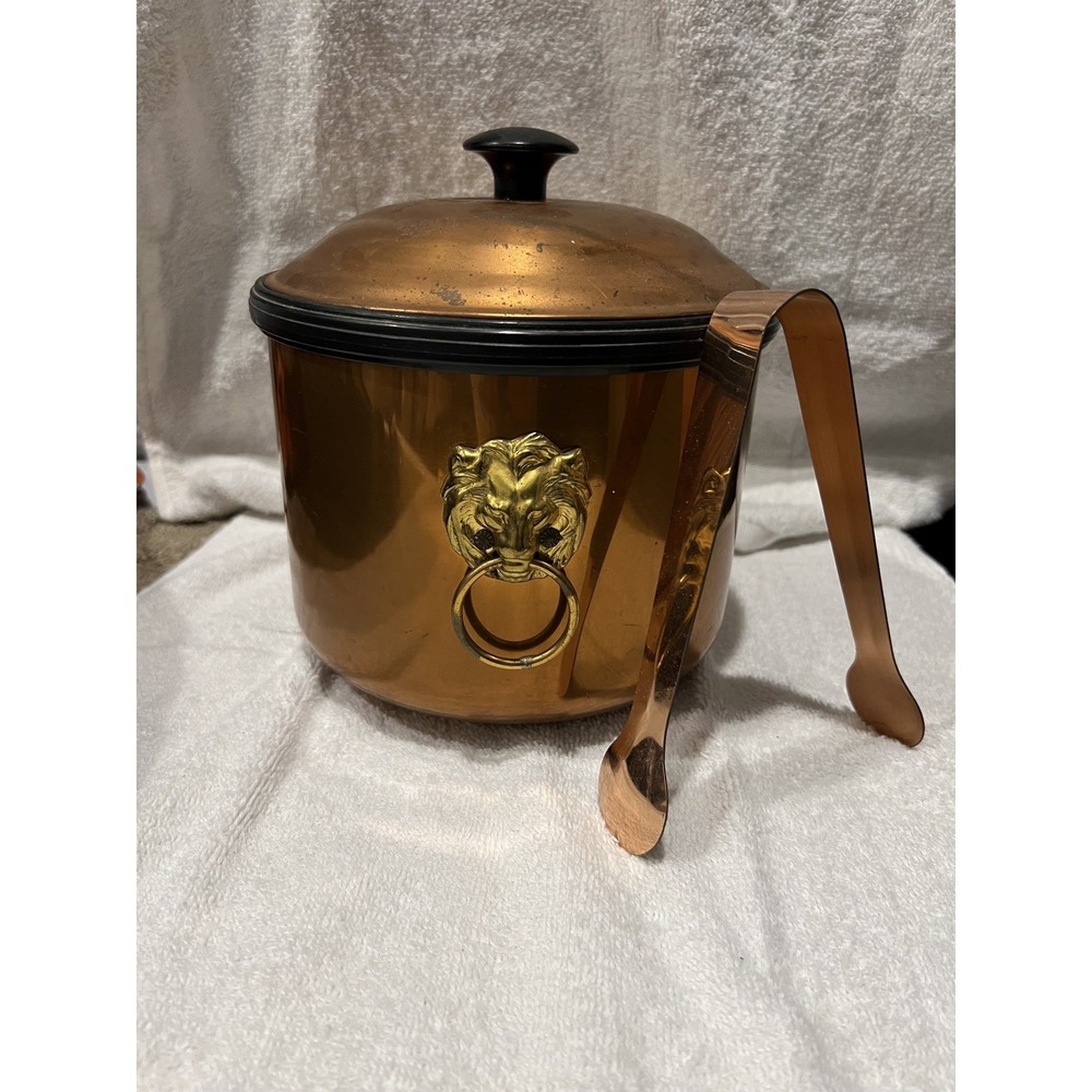 Vintage Regency Style Copper Ice Bucket w/Brass Lion Handles, Coppercraft Guild